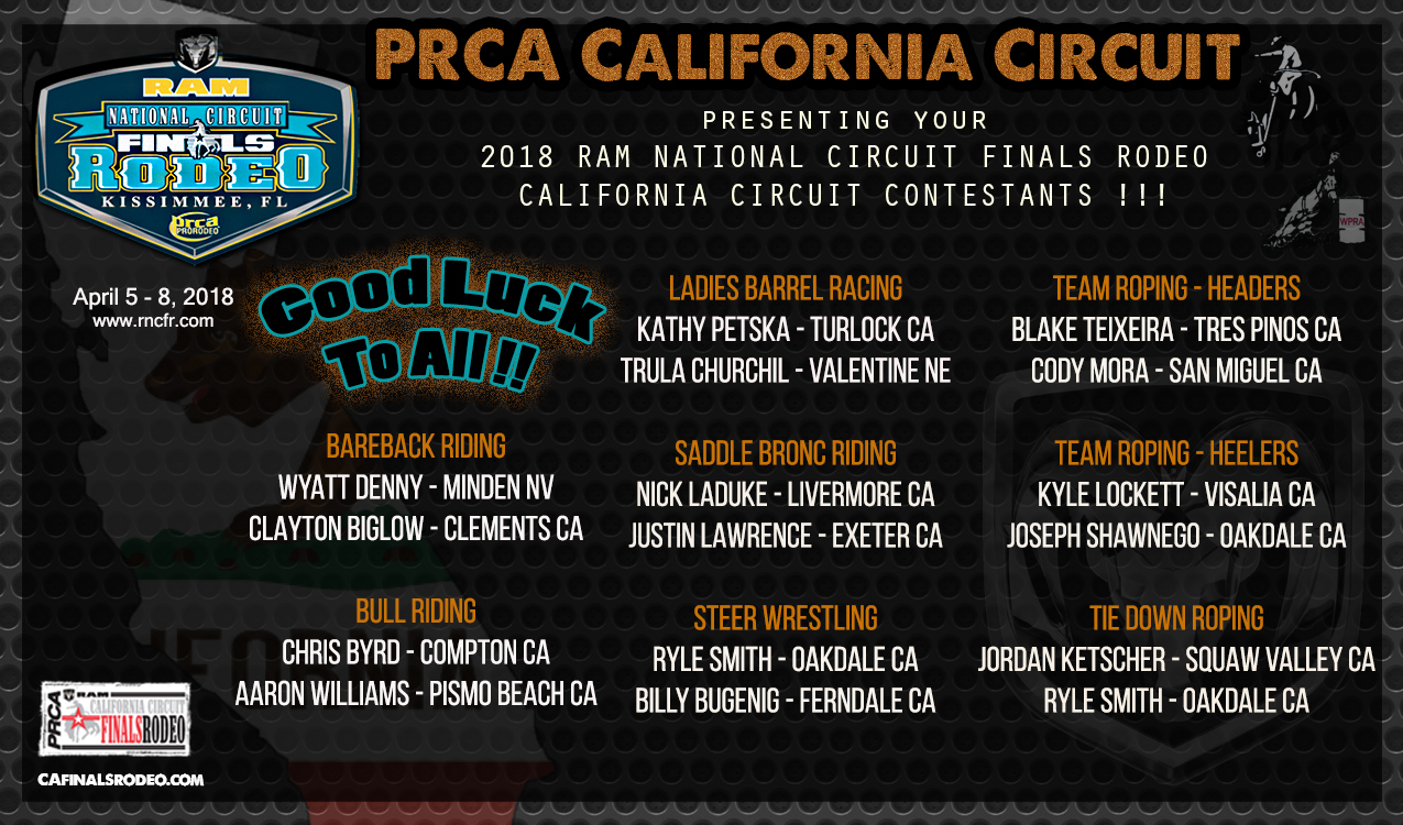 2018 RAM National Circuit Finals Rodeo - PRCA/WPRA California Circuit Contestants - Good Luck to All !!!
