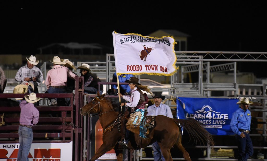 2016 Miss Rodeo Lakeside, Taylor Finney, presenting her flag at the 2016 RAM PRCA California Circuit Finals Rodeo