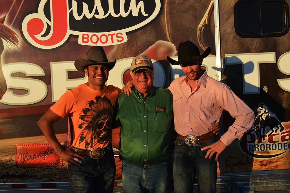 Cesar "Kid" Banuelos, Mr. Johnny Zamrzla, George Gillespie at the 2014 RAM PRCA California Circuit Finals Rodeo - stopping by the Justin Sportsmedicine Rig to say "Thanks" for all they do!